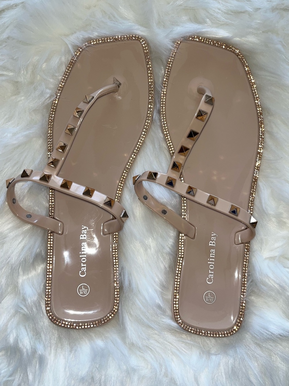 Carolina Bay Nude Studded Square-Toe Sandals -Size 10